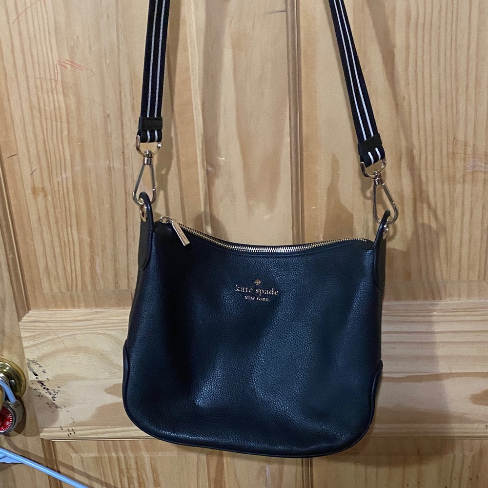 Kate Spade Black Leather Shoulder Bag with Striped Strap